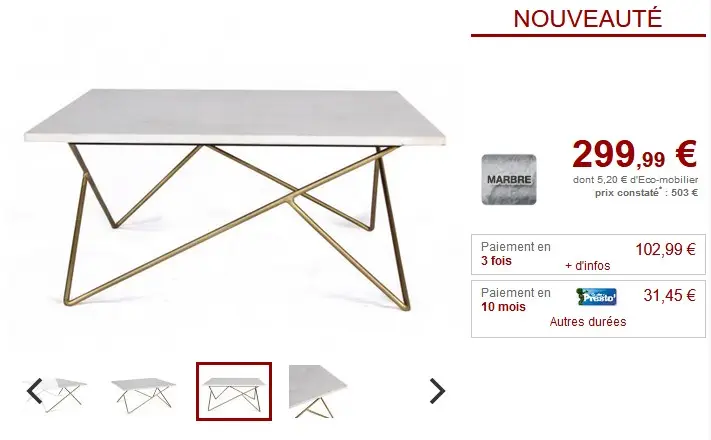 Table basse design DONORA Marbre blanc et métal doré