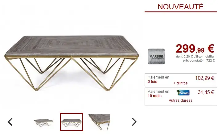 Table basse design MELVINA Marbre gris et métal doré 