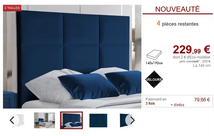 Tête de lit capitonnée KARY avec USB Tissu velours bleu nuit pas cher - Tête de lit Vente Unique