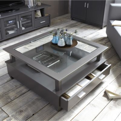 Table basse 2 grands tiroirs double plateau dessus verre SLATE GREY coloris gris ardoise