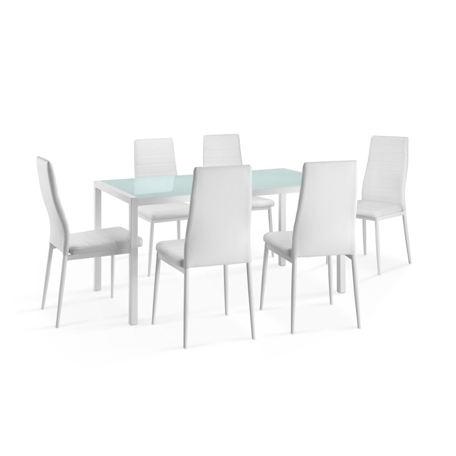Ensemble table à manger rectangulaire AIR métal et verre + 6 chaises polyuéthane