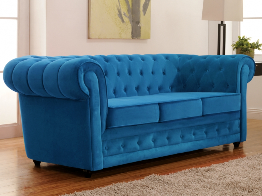 Canapé 3 places en velours CHESTERFIELD - Bleu turquoise 