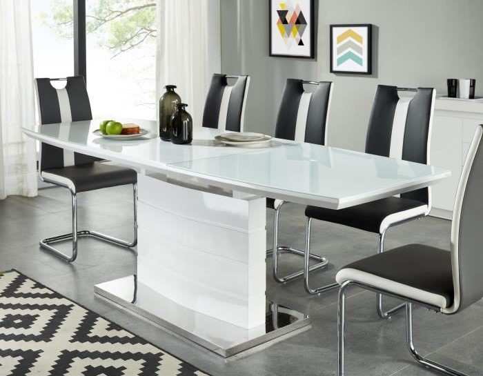 ICE Table à manger extensible de 8 à 10 personnes style contemporain laqué blanc brillant avec socle en acier