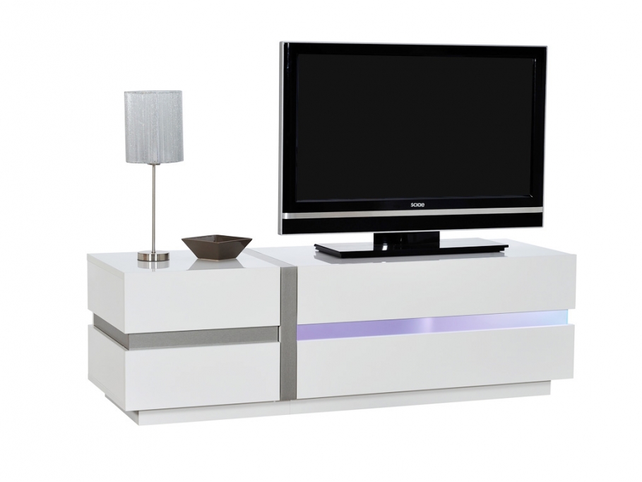 Meuble TV LINEANCE avec LEDs laqué blanc & chrome et rangements
