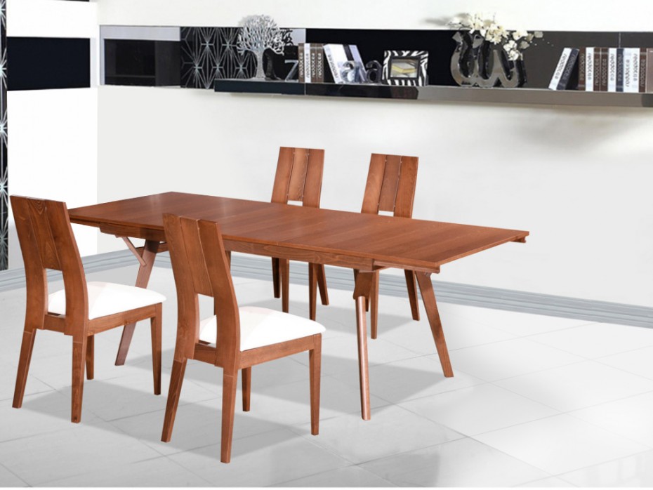 Ensemble table extensible KALANNA 6 à 8 couverts + 4 chaises - Hêtre massif merisier
