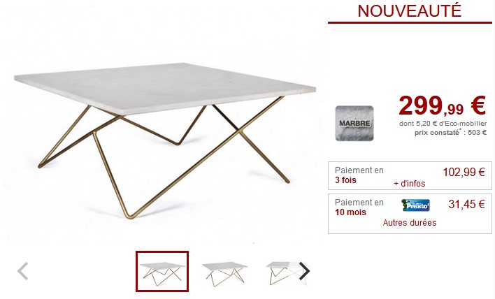 Table basse design DONORA Marbre blanc et métal doré - Vente Unique