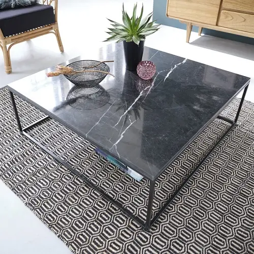 Table basse carrée en marbre noir et métal 100