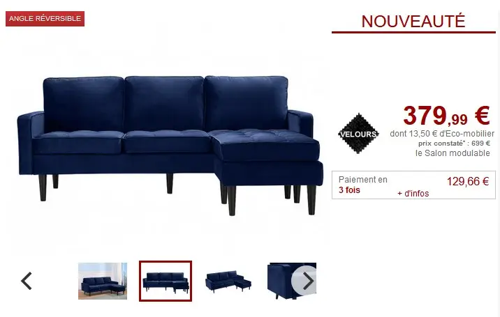 Canapé d'angle réversible FLEUET en velours bleu capitonné pas cher - Canapé Vente Unique