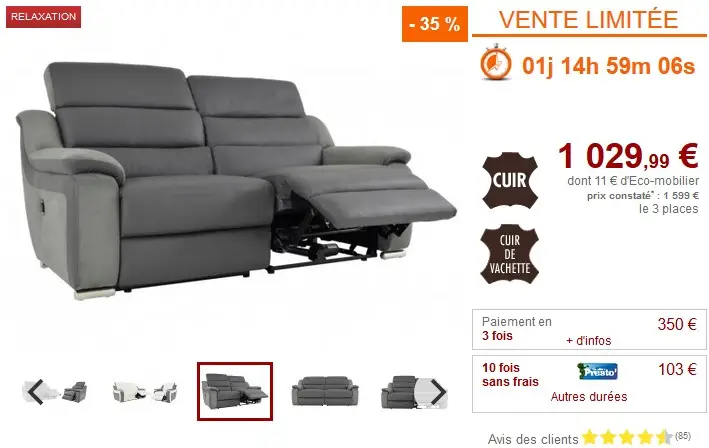 Canapé et fauteuil relax électrique bimatière ARENA II pas cher - Black Friday Canapé Vente Unique