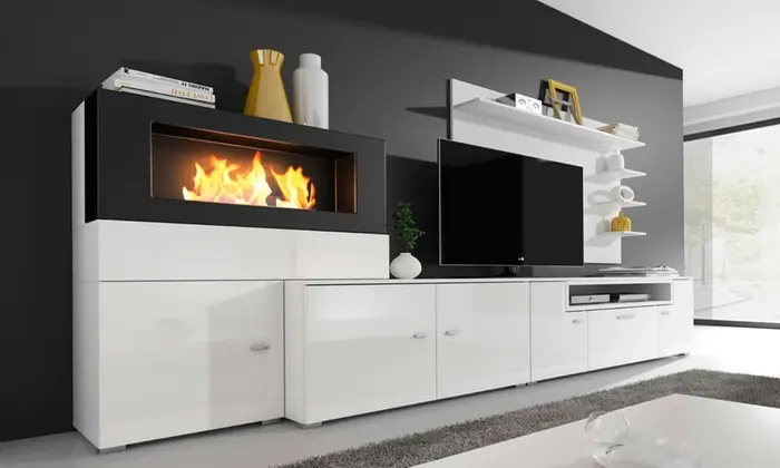 COMFORT Home Innovation Olympo Ensemble de salon avec cheminée Blanc laqué. Blanc mate