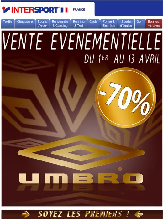Vente Flash Umbro - Jusqu'à 70% de réduction sur Umbro chez Intersport