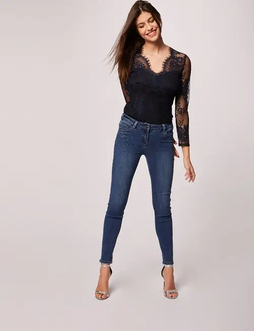Jeans skinny taille basse à strass jean stone Morgan