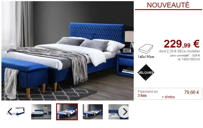 Lit DANIELE tête de lit décorée 140x190cm Velours Bleu - Vente Unique