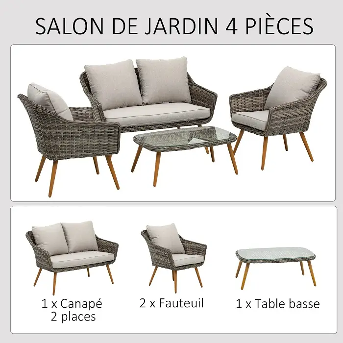 Salon de jardin 4 places 4 pièces design scandinave résine grise 