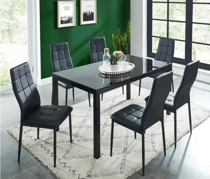SELVA Ensemble table à manger de 6 à 8 personnes + 6 chaises style contemporain en métal laqué noir