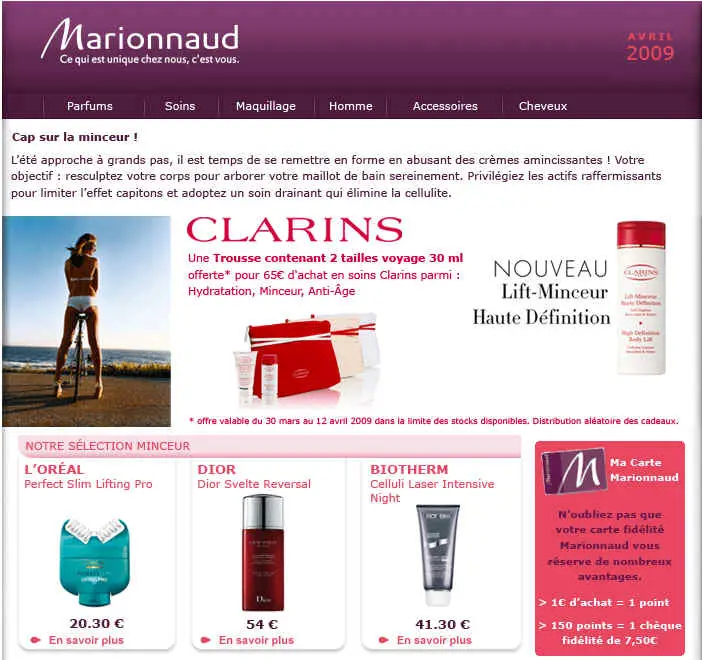 Marionnaud Soins Minceur à partir de 20,30 euros Clarins - Dior - Biotherm - l'Oreal