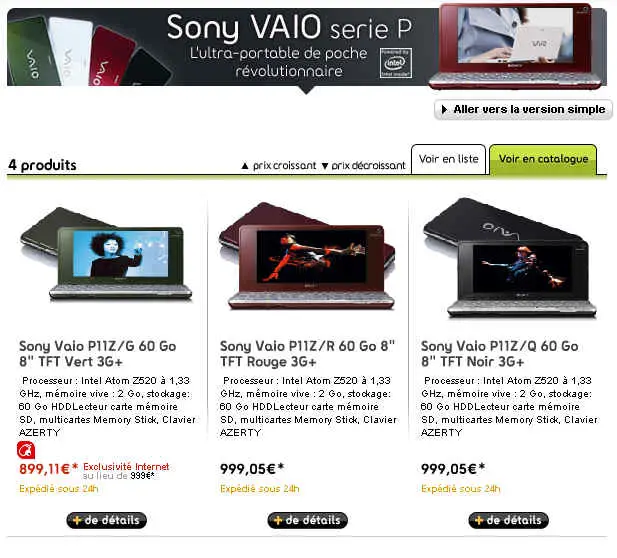 Fnac : Gamme Sony Vaio P