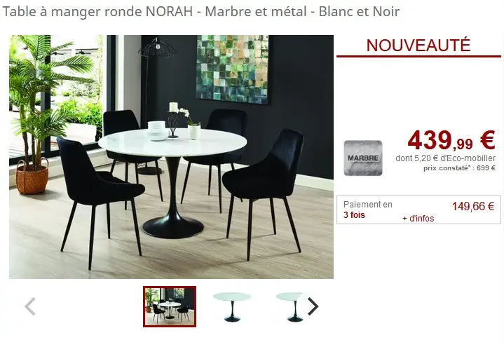 Table à manger ronde design NORAH Marbre Blanc Métal Noir - Vente Unique
