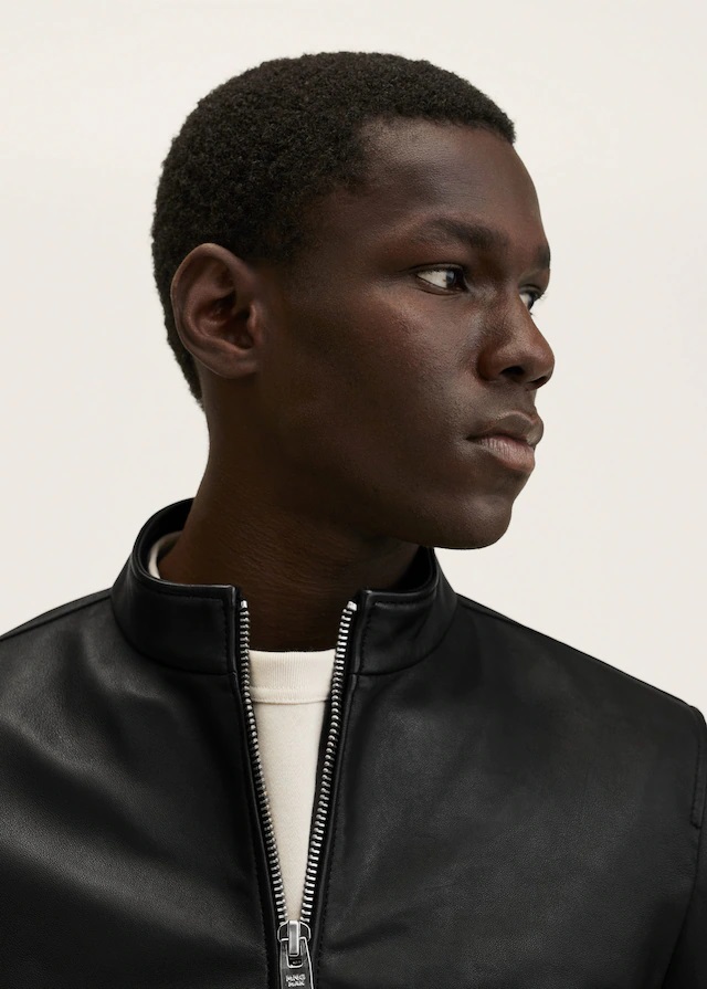 Mango LH Blouson biker en cuir zippé noir - Blouson Homme Mango