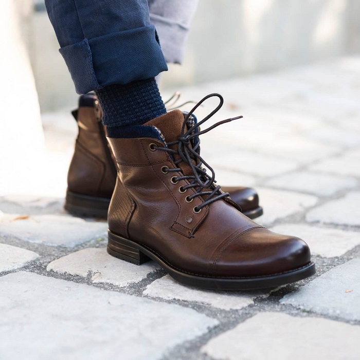 BOOTS ROSALYN Bocage cognac en cuir grainé avec col en cuir velours