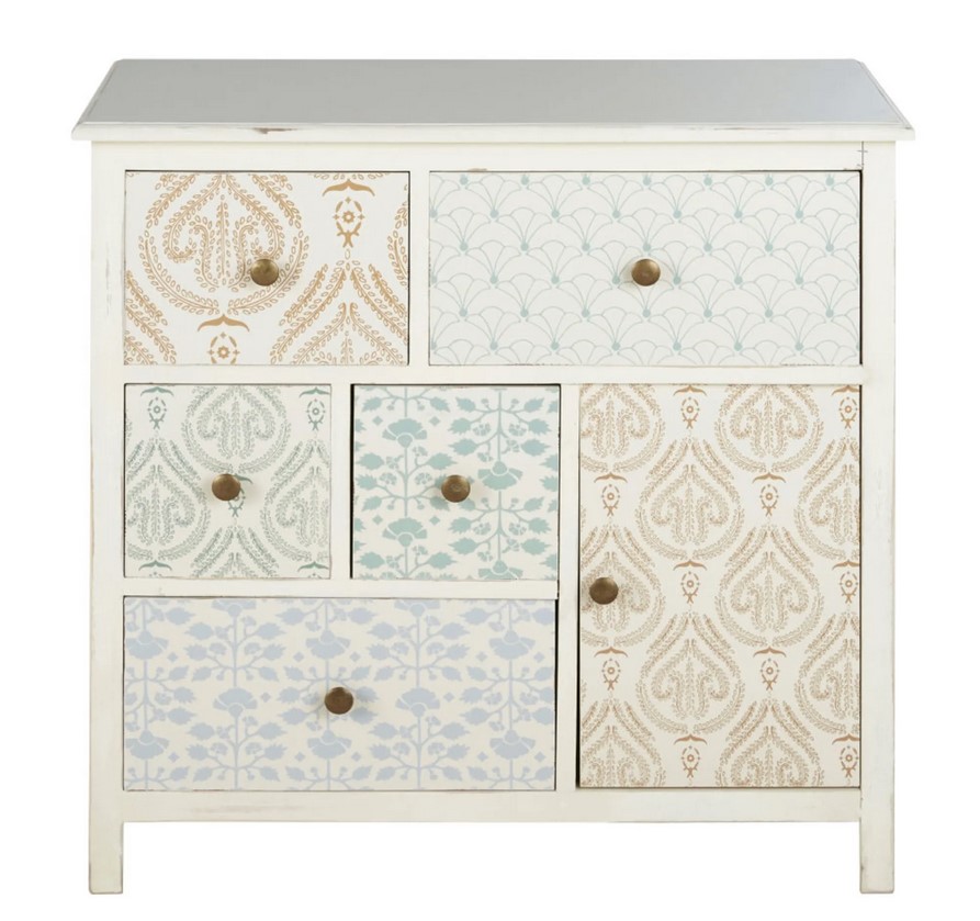 Cabinet de rangement ARLETTE 1 porte 5 tiroirs blanc motifs sérigraphiés multicolores - Maisons du Monde