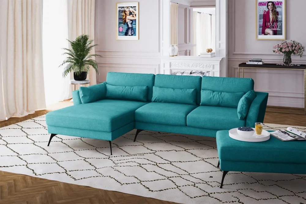 Canapé d'angle gauche SUSAN 4 places toucher lin turquoise - Maisons du Monde