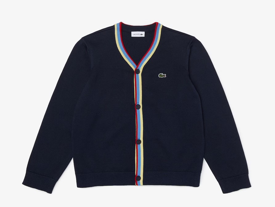 Cardigan Fille Lacoste en coton biologique mélangé avec détail tricolore bleu 