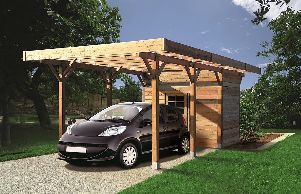 Carport toit plat bois SOLID avec abri de jardin 306x706cm - Carport Bricomarché
