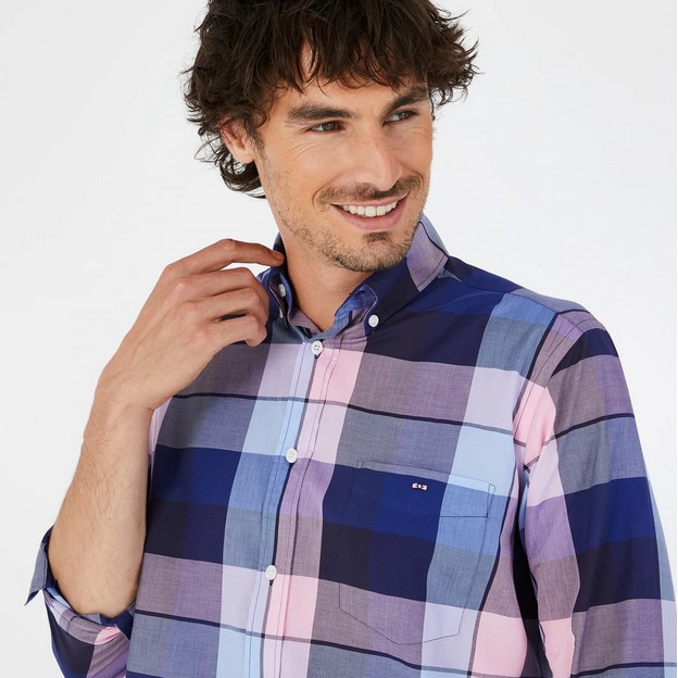 Chemise regulard bleue EDEN PARK en coton à carreaux - Chemise Homme Eden Park