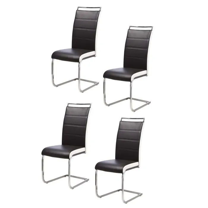 DYLAN Lot de 4 chaises Pieds métal chromé Simili Noir et Blanc