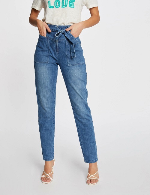 Jeans slim taille haute MORGAN ceinturé jean stone - Jeans Femme Morgan