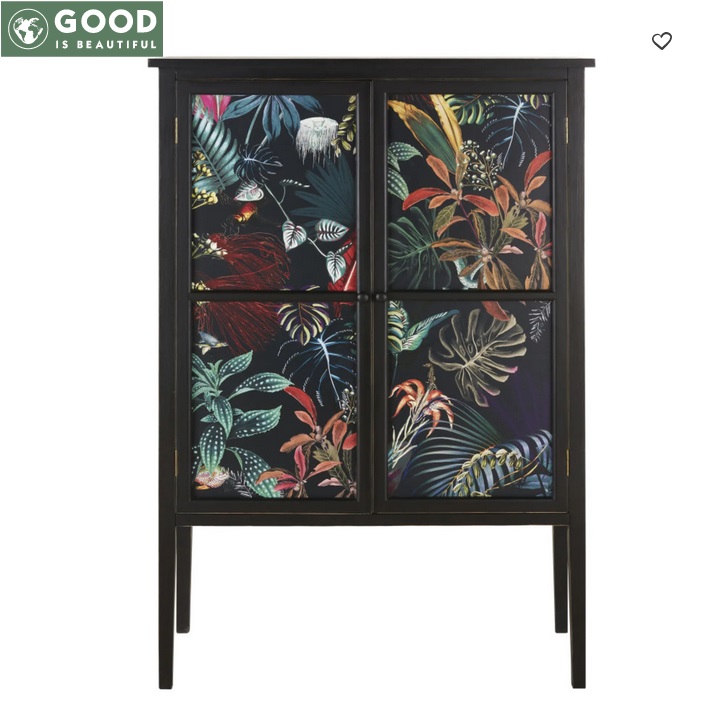 Meuble de rangement GUIDO 2 portes en bois noir et motifs feuilles - Cabinet Maisons du Monde