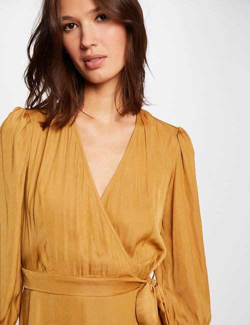 Robe midi portefeuille MORGAN ceinturée ocre - Robe Femme Morgan