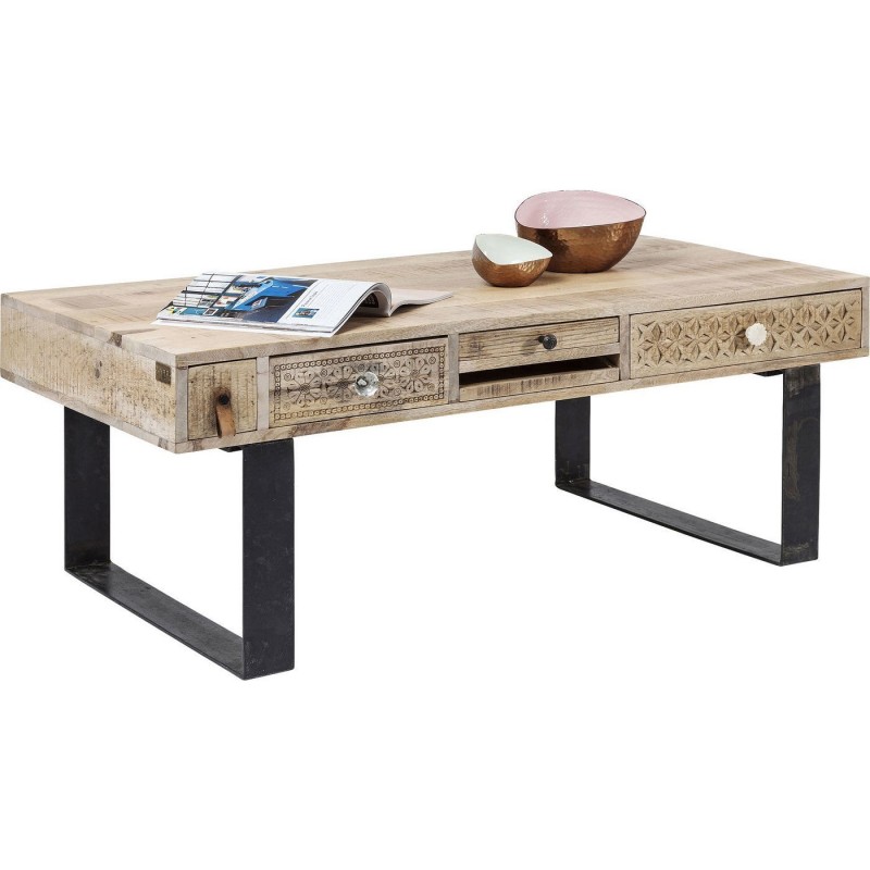 Table Basse PURO en manguier sculpté et acier - Soldes Table Basse Maisons du Monde