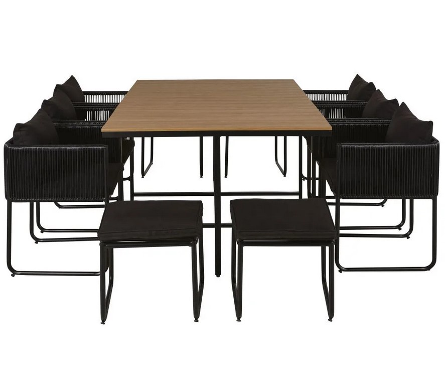 Table de jardin SWANN 10 personnes en composite imitation teck et Fauteuils (x6) et Tabourets (x4) en résine noire - Maisons du Monde