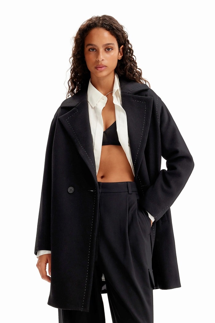 Manteau laine surpiqûres DESIGUAL noir