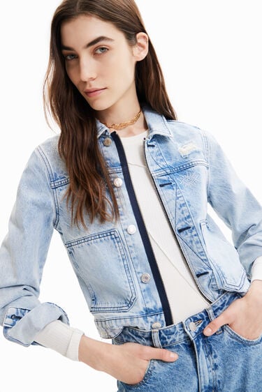 Veste Trucker Desigual jean yeux - Veste Jeans Femme Desigual