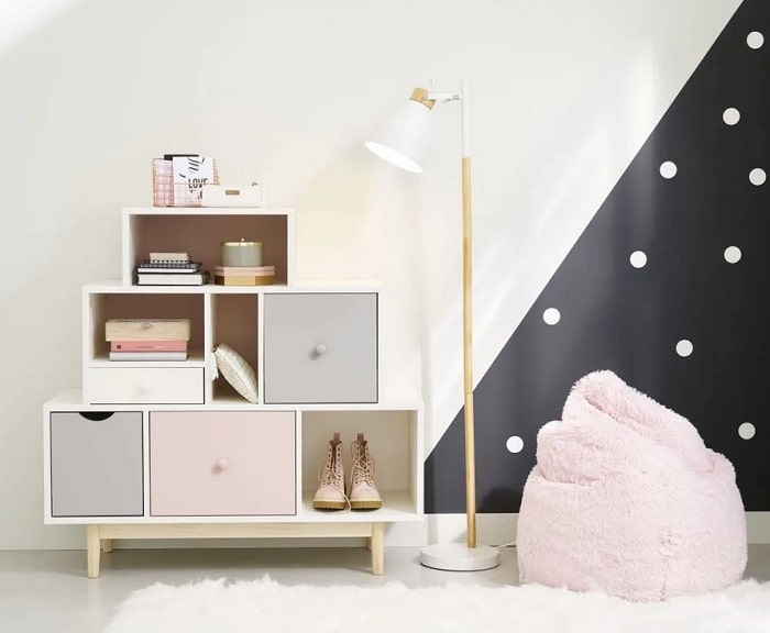 Soldes Cabinet de rangement BLUSH 4 tiroirs blanc, rose et gris