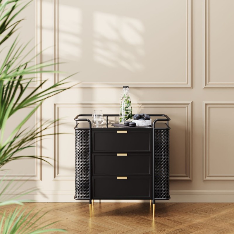 Commode 3 tiroirs FENCE en verre et acier noir - Maisons du Monde