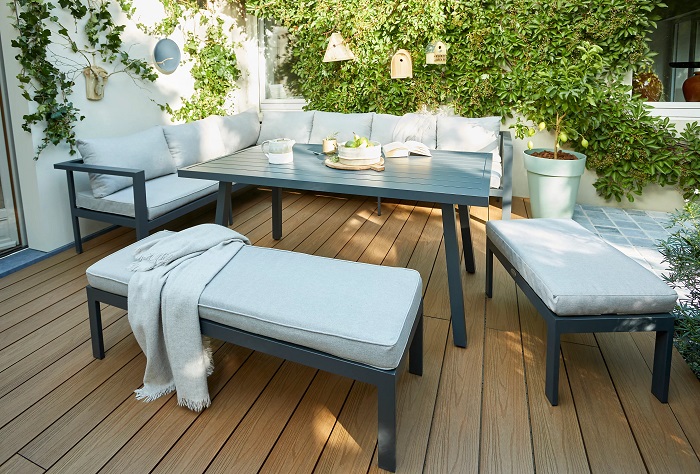 Ensemble détente et repas 9 places ANTALYA DCB Garden beige et gris anthracite pas cher - Salon de Jardin Castorama