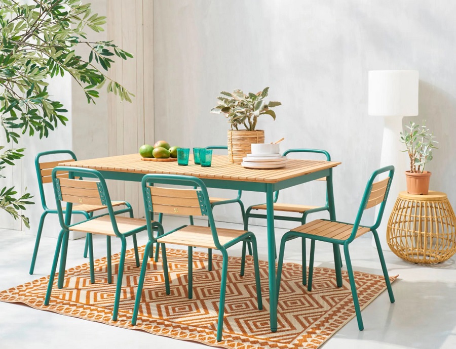 Ensemble AMARIO Table et Chaises en aluminium bleu canard et bois d'eucalyptus massif de jardin