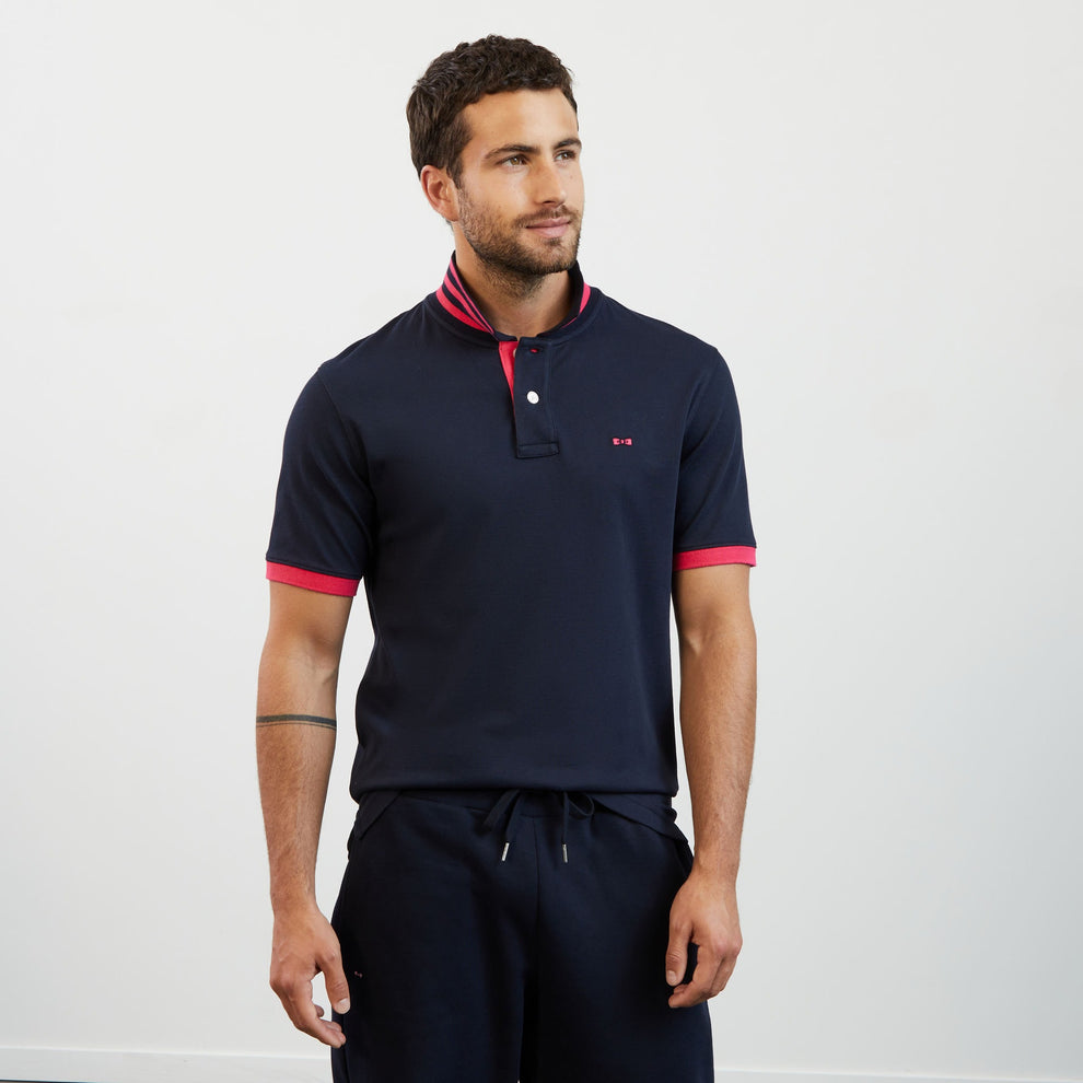 Polo bleu foncé slim Eden Park manches courtes à détails contrastés - Polo Homme Eden Park