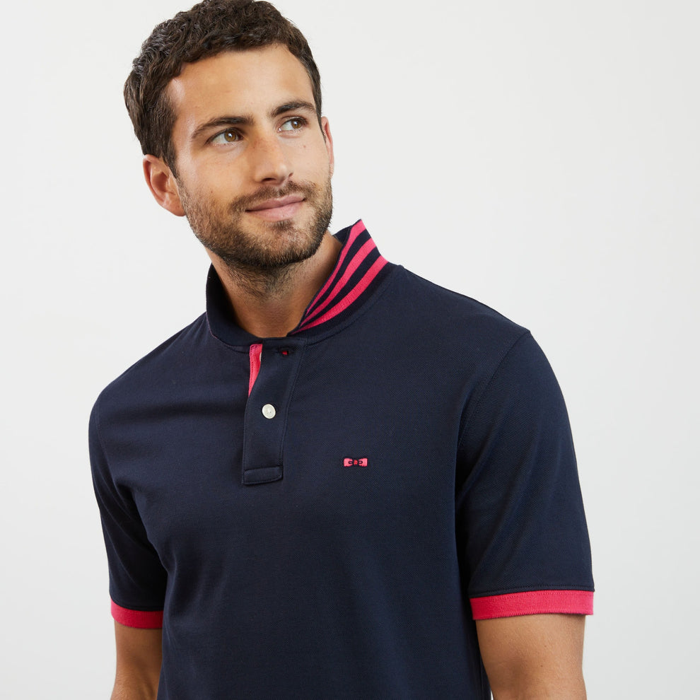 Polo bleu foncé slim Eden Park manches courtes à détails contrastés - Polo Homme Eden Park