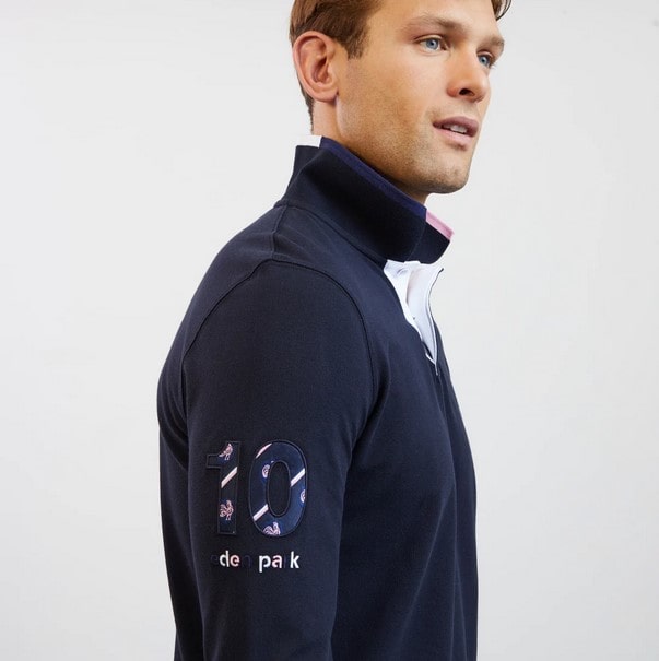 Polo bleu marine Eden Park manches longues à broderie numéro 10 - Polo Homme Eden park