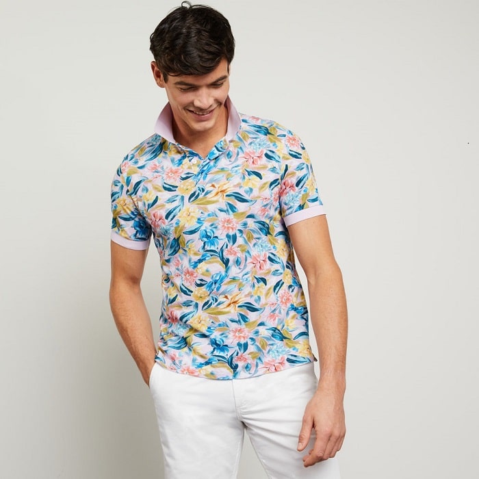 Polo rose Homme EDEN PARK en coton piqué imprimé fleurs