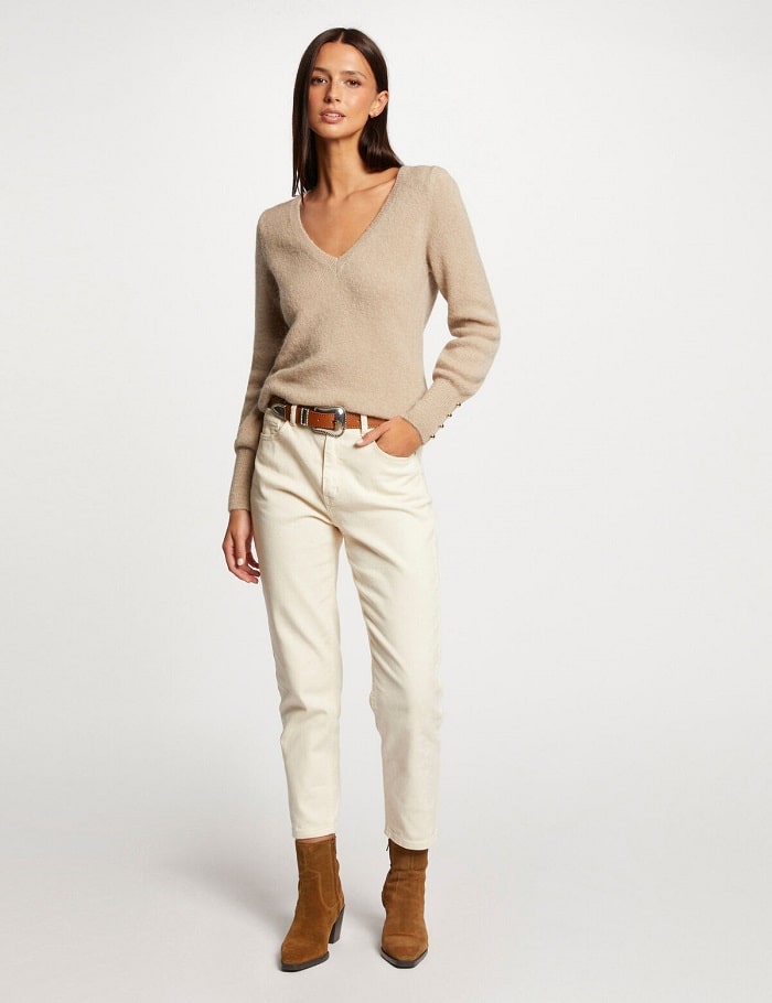 Pull manches longues MTOUS Morgan col en V beige - Pull Femme Morgan