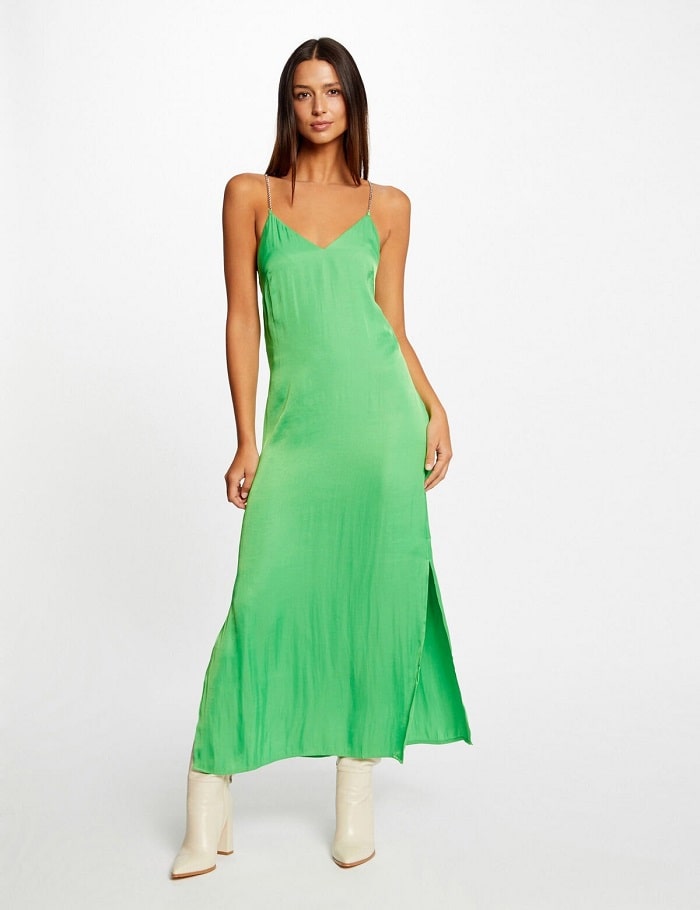 Robe longue évasée fendue RPOPI Morgan satin vert clair - Robe Femme Morgan