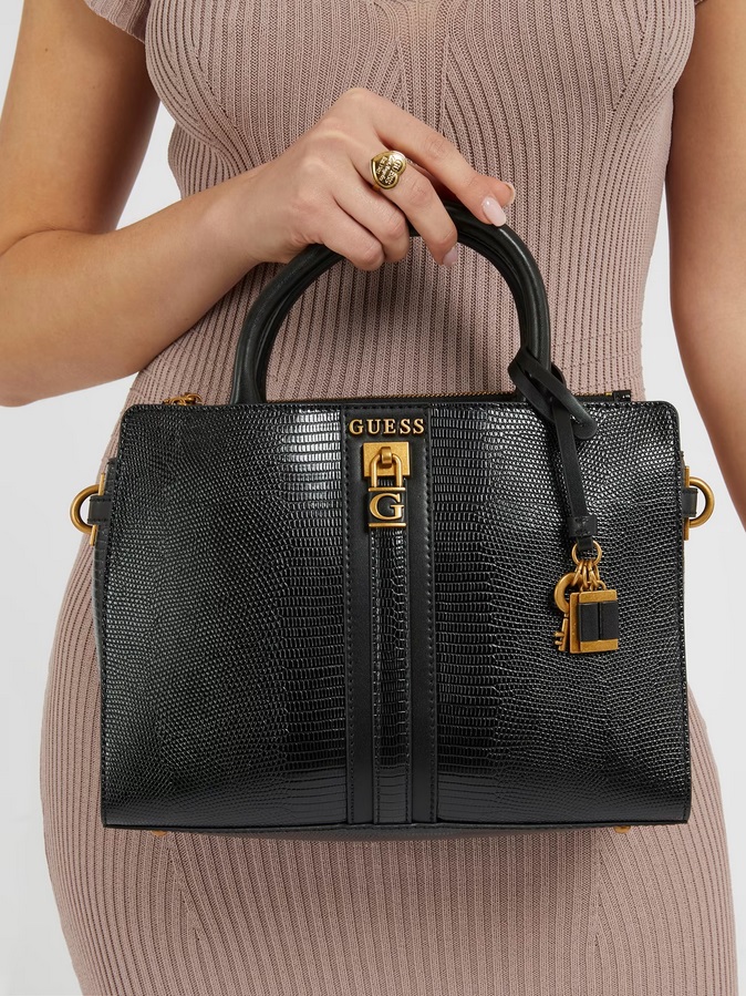 SAC A MAIN GINEVRA LOGO IMPRIME GUESS imprimé python Noir