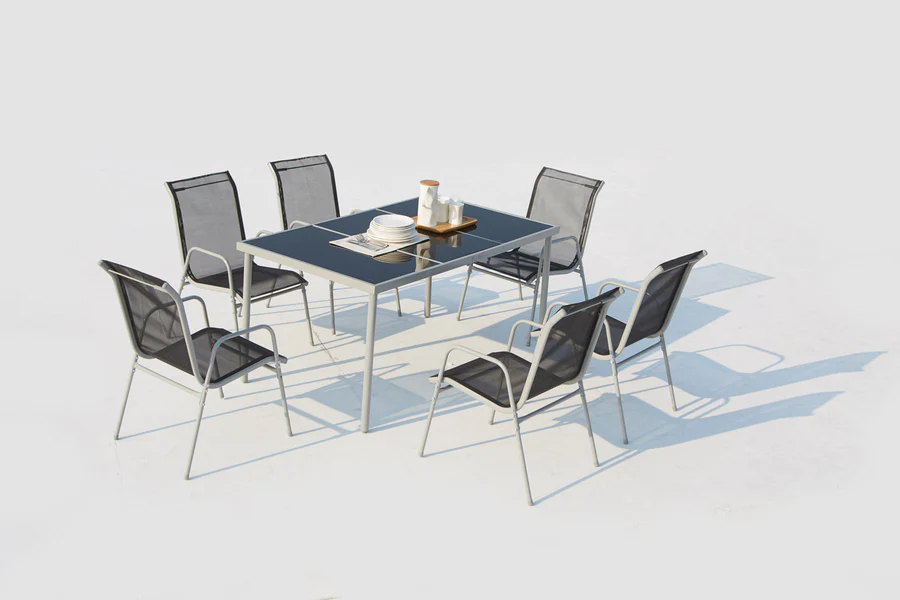 Salon de jardin LUSIANA Table et chaises en acier et textilène gris