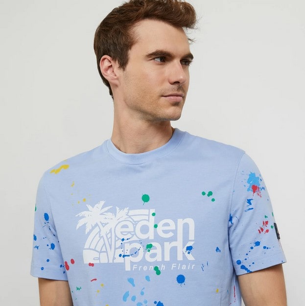 T-shirt bleu clair Eden Park à manches courtes effet taches de peinture - T-Shirts Homme Eden Park